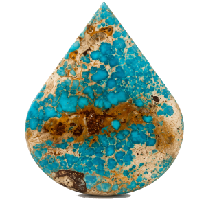 Neyshapur turquoise cabochon showing vivid blue colour beside a natural brown matrix