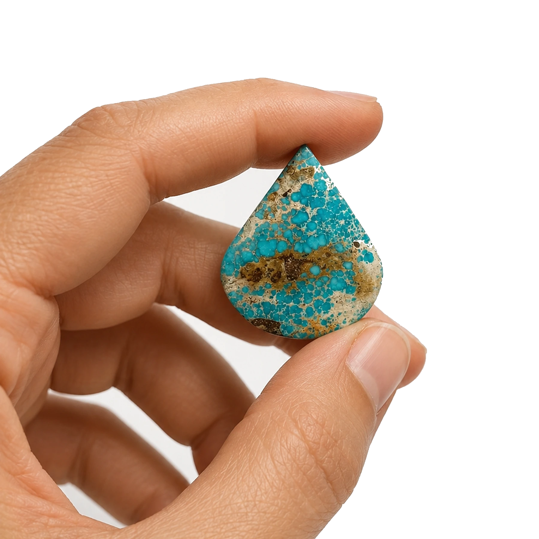 NEYFI 1001 natural Neyshabur turquoise held in hand for scale