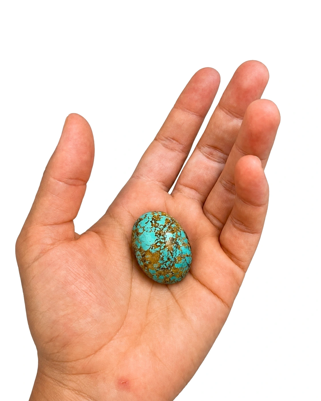 NEYFI 1011 natural Neyshabur turquoise held in hand for scale