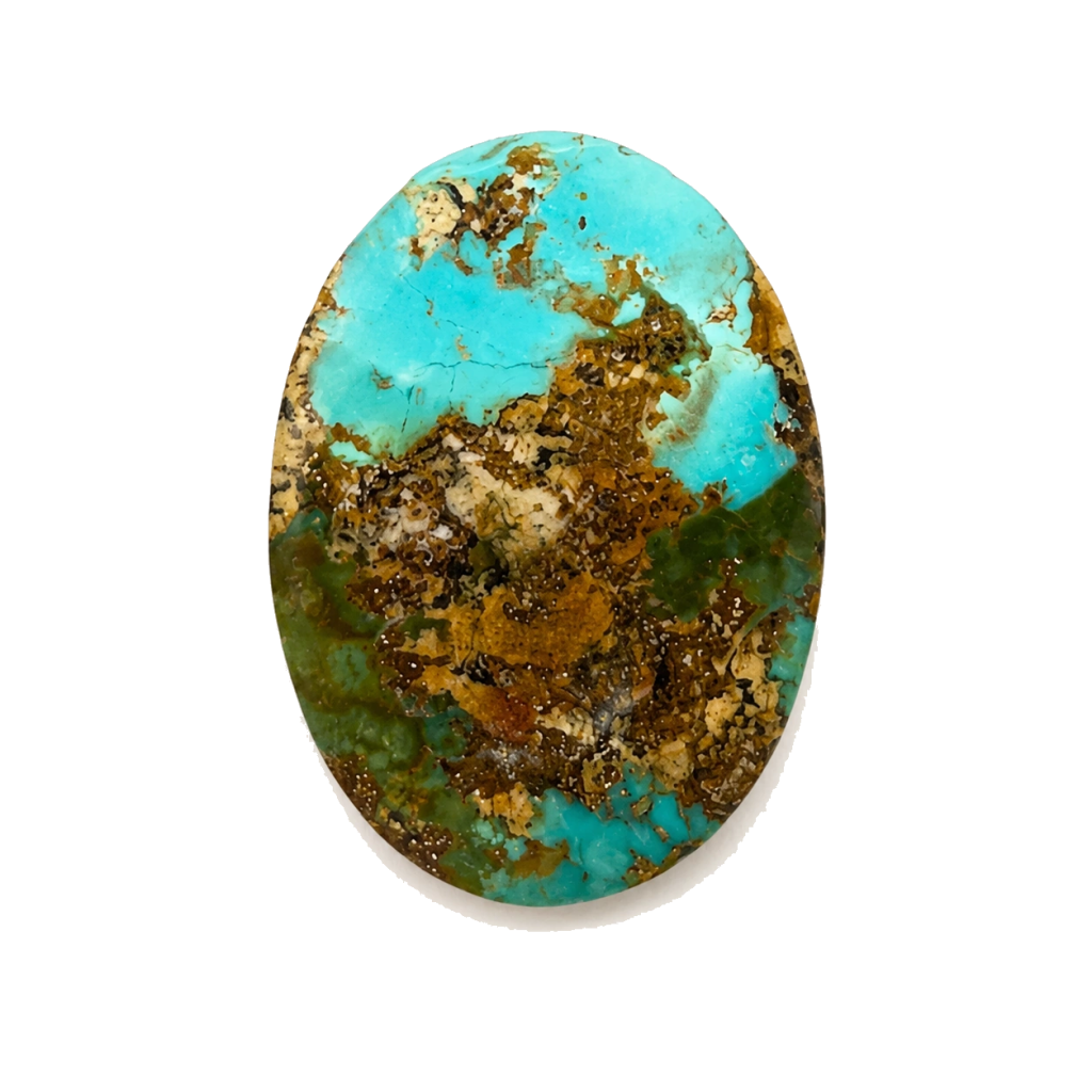 Front view of NEYFI 1014 natural Neyshabur turquoise mosaic-matrix oval cabochon