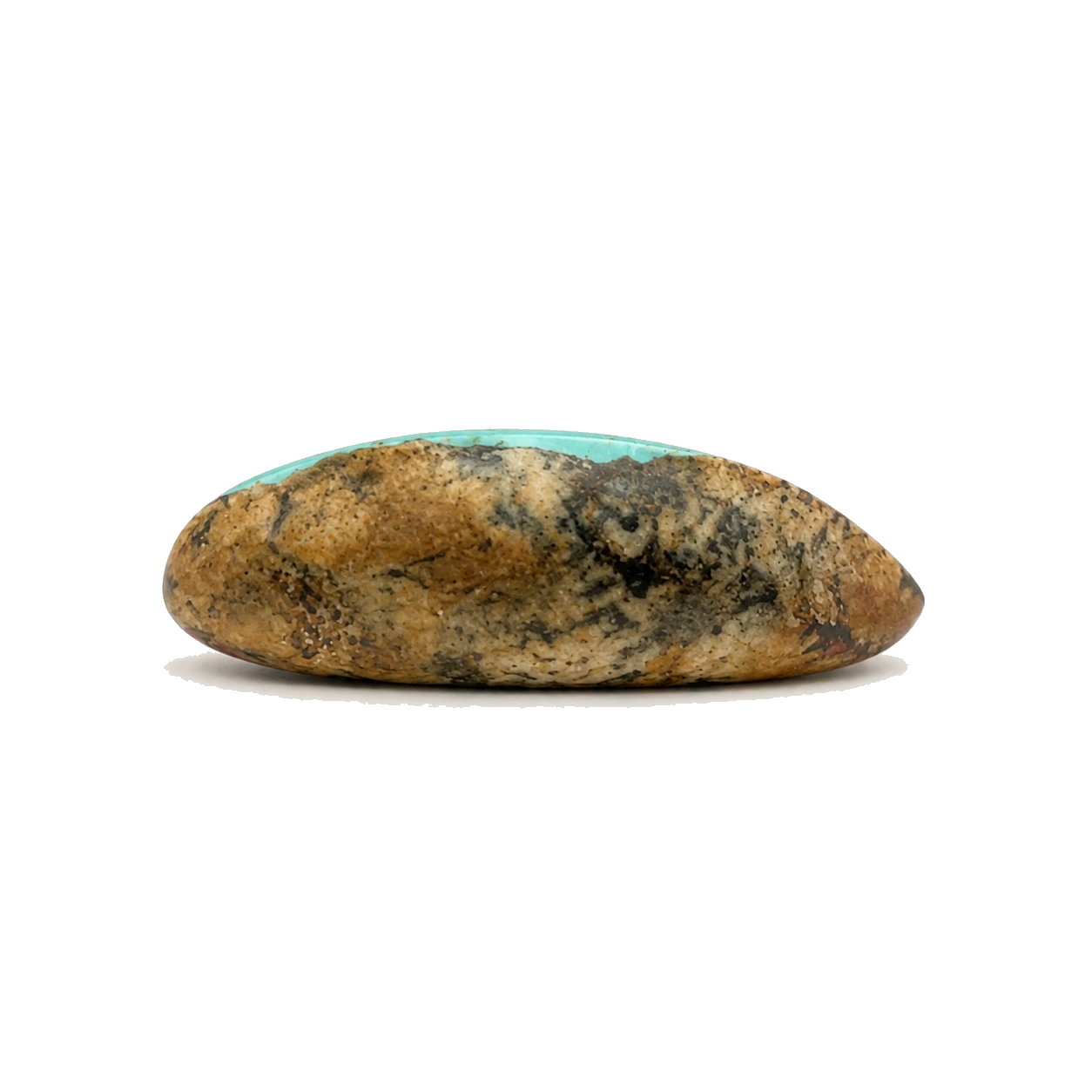 Side profile of NEYFI 1014 natural Neyshabur turquoise mosaic-matrix oval cabochon