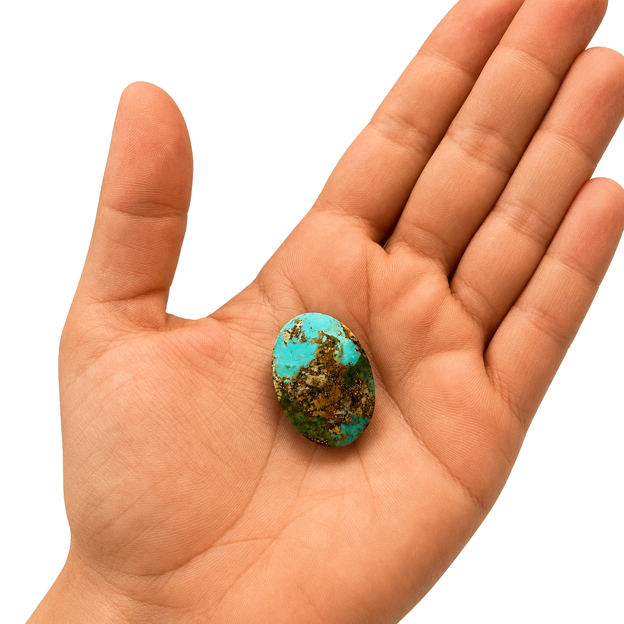 Hand-scale view of NEYFI 1014 natural Neyshabur turquoise mosaic-matrix oval cabochon