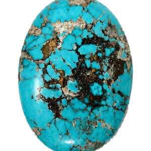 Front view of NEYFI 1005 oval Neyshabur turquoise cabochon on a white background.