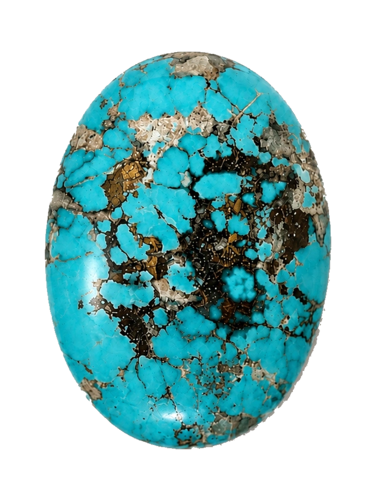Front view of NEYFI 1005 oval Neyshabur turquoise cabochon on a white background.