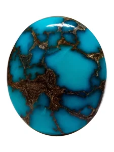Front view of NEYFI 1007 oval Neyshabur turquoise cabochon on a white background.