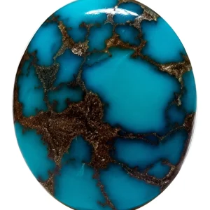 Front view of NEYFI 1007 oval Neyshabur turquoise cabochon on a white background.