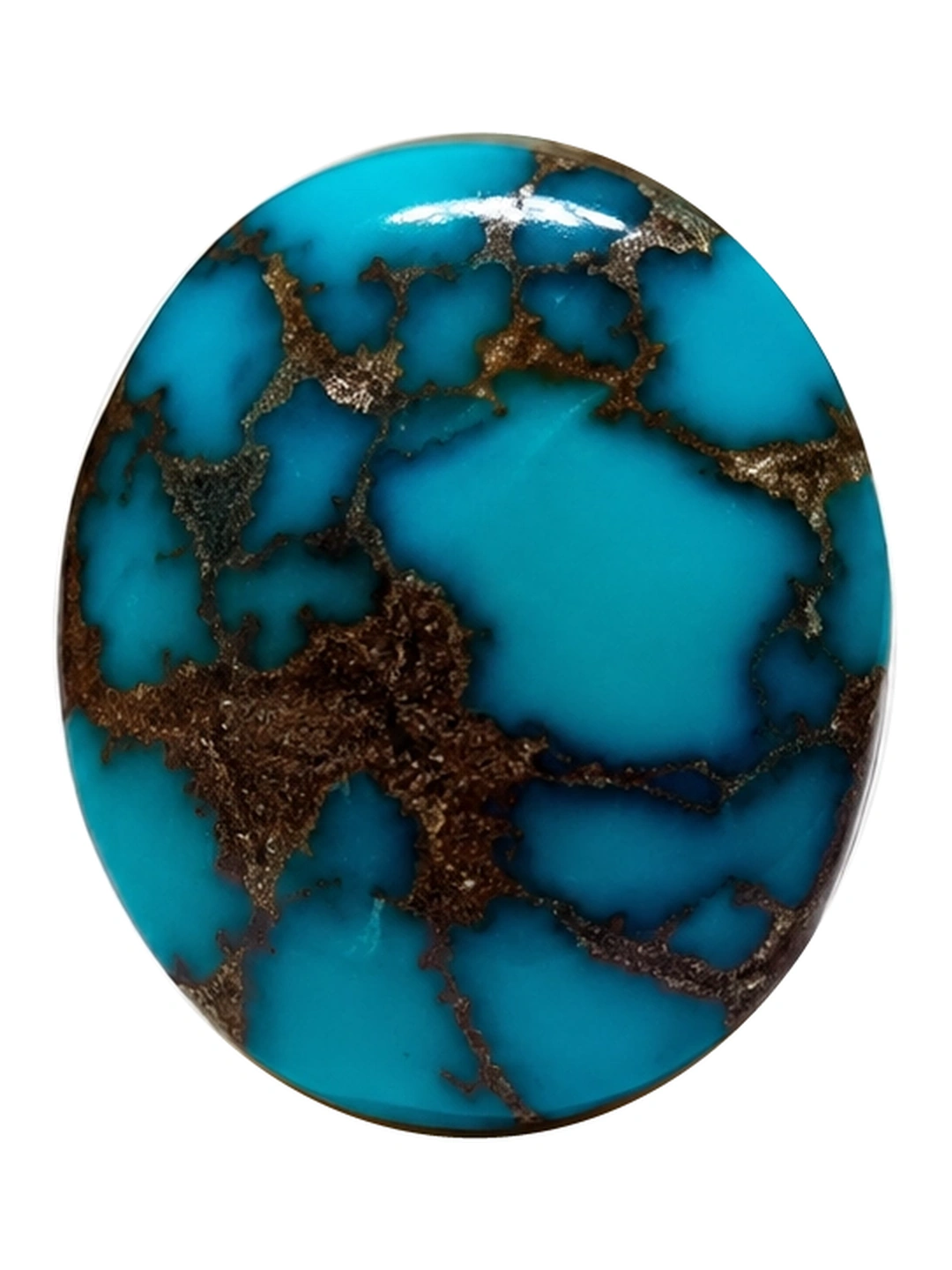 Front view of NEYFI 1007 oval Neyshabur turquoise cabochon on a white background.