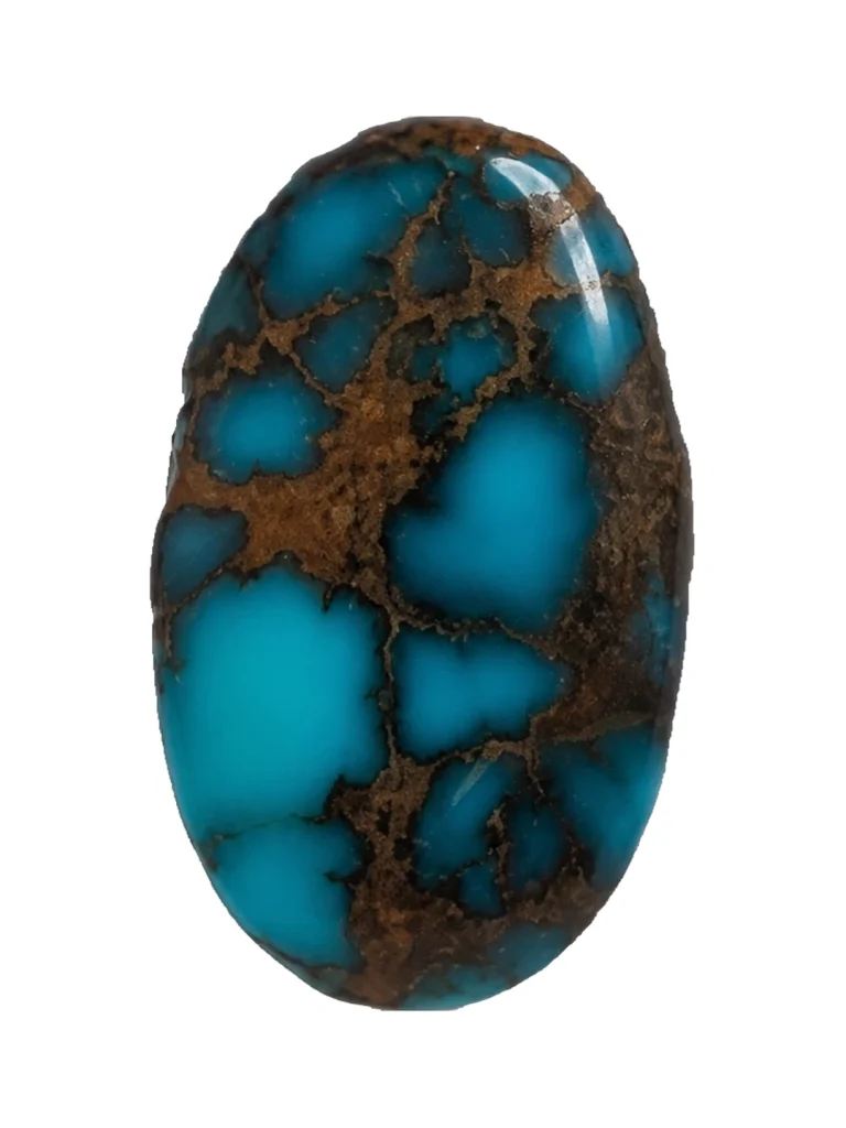 Front view of NEYFI 1008 oval Neyshabur turquoise cabochon on a white background.